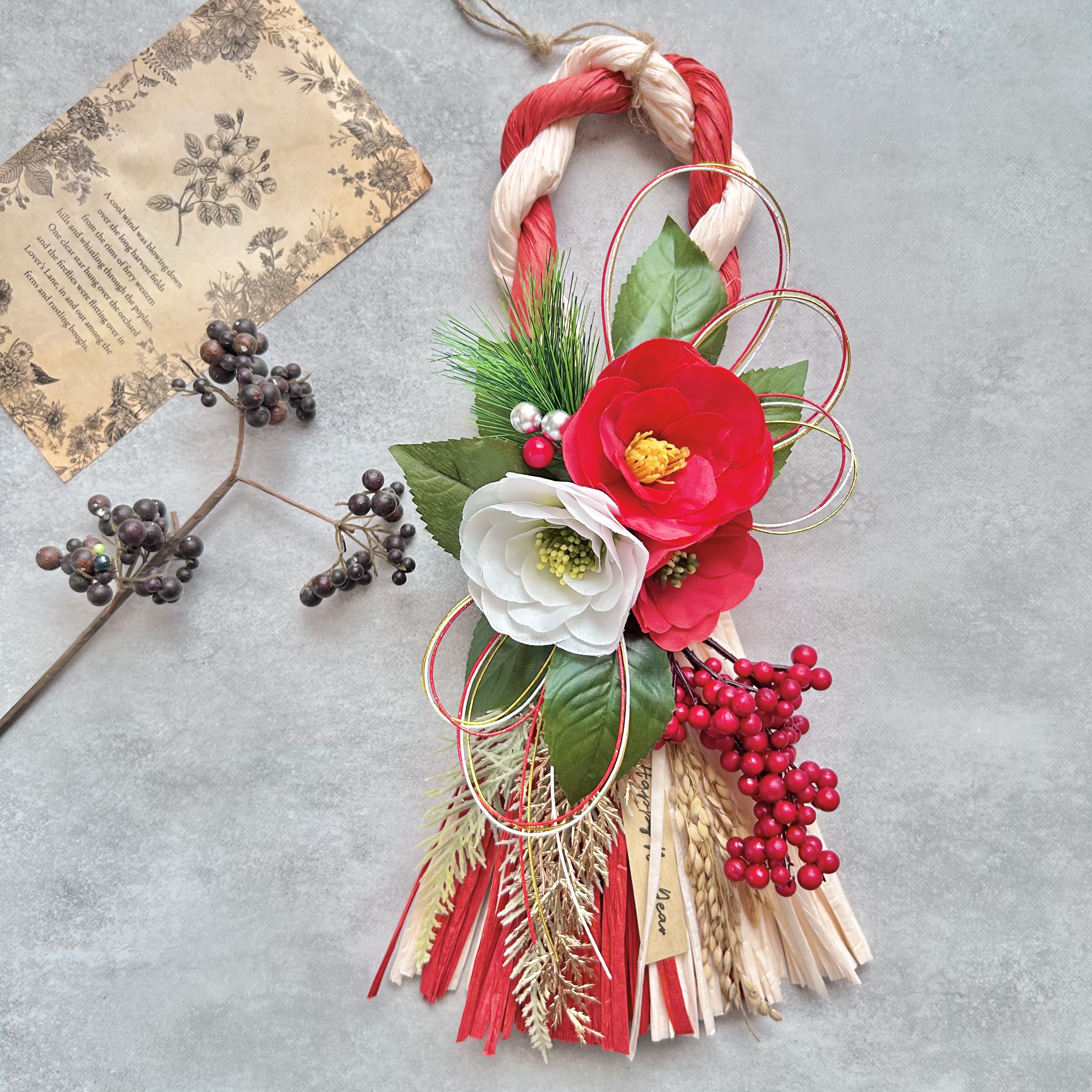 kezouji スワッグ リース しめ縄リース おまとめ3点 No.336 紅白椿と南天しめ縄スワッグリース2025 ハンドメイドお正月飾り