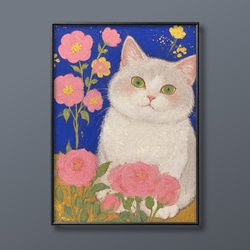 絵画 | イラストポスター 301☆ 【かわいい猫と花】 絵画 アカザ麦