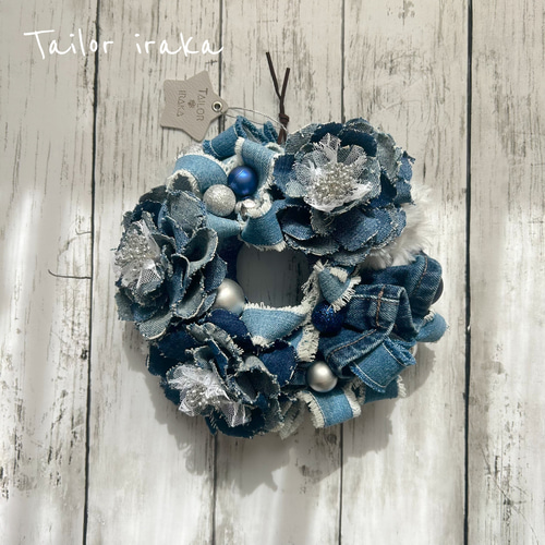 デニム×リース デニムリース クリスマス雑貨 クリスマスリース 布花