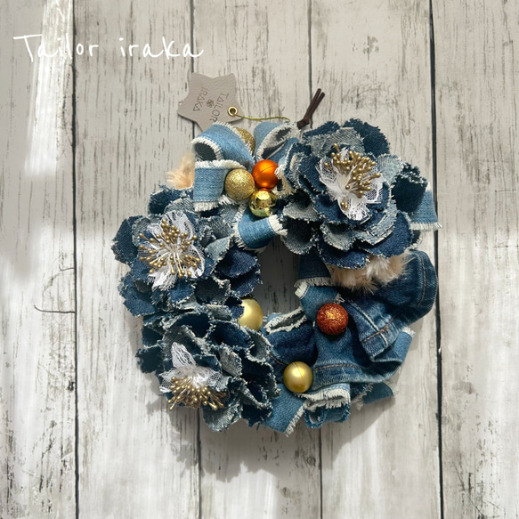 デニムリメイク☆デニムリース•フラワー☆Handmade デニムリース デニムリメイク デニムインテリア デニム雑貨