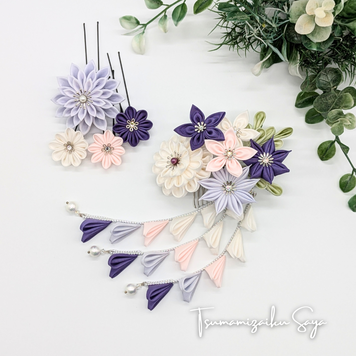 つまみ細工 髪飾り 成人式用髪飾り 前撮り ヘアアクセサリー 藤紫 ピンク ppl-1