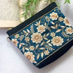 インド刺繍リボン×帆布のお化粧ポーチ ハンドメイド インド刺繍リボン