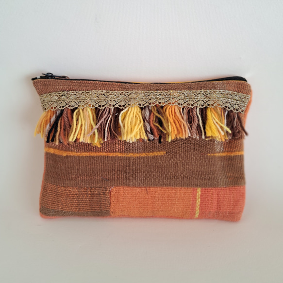 ☆さをり織り ポーチ☆ さおり織り 手織り SAORI オレンジ フリンジ