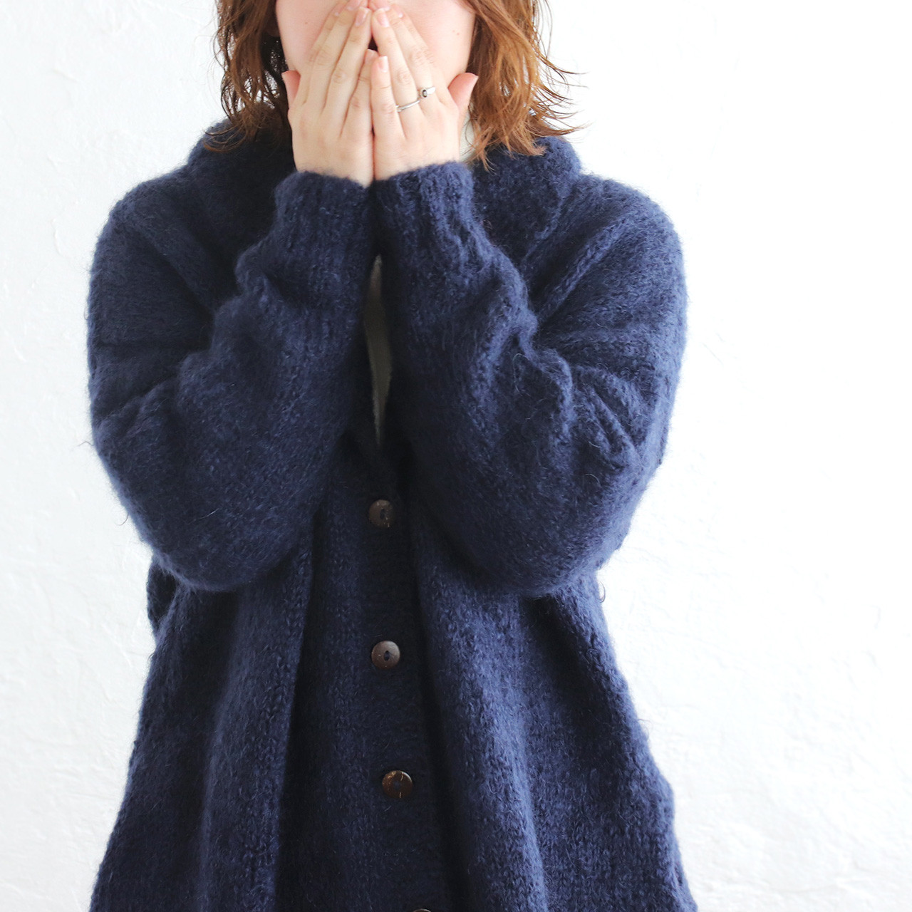 ふんわり軽いリアルモヘア 手編みジャケット ニットカーディガン （ネイビー）npcl04