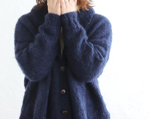 ふんわり軽いリアルモヘア 手編みジャケット ニットカーディガン