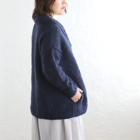 ふんわり軽いリアルモヘア 手編みジャケット ニットカーディガン （ネイビー）npcl04 4枚目の画像