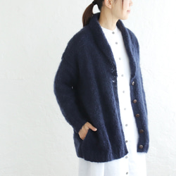 ふんわり軽いリアルモヘア 手編みジャケット ニットカーディガン （ネイビー）npcl04 1枚目の画像