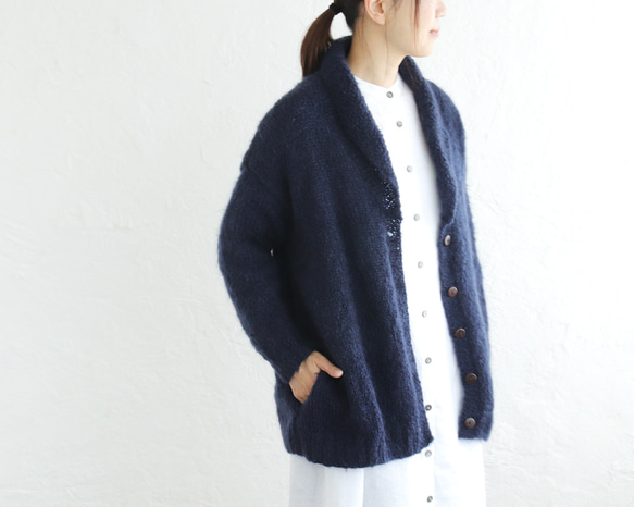 ふんわり軽いリアルモヘア 手編みジャケット ニットカーディガン （ネイビー）npcl04 1枚目の画像
