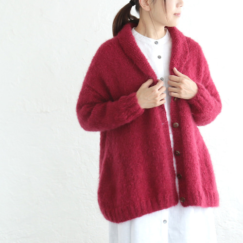 1点限り＊新色》ふんわり軽いリアルモヘア 手編みジャケット 襟付き
