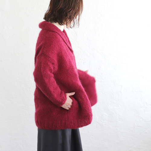 1点限り＊新色》ふんわり軽いリアルモヘア 手編みジャケット 襟付き