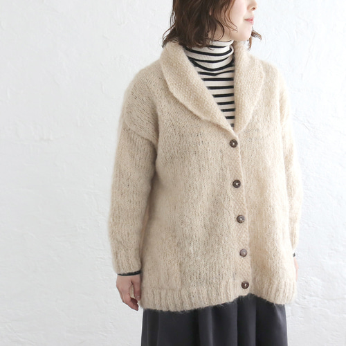 1点限り＊新色》ふんわり軽いリアルモヘア 手編みジャケット 襟付き