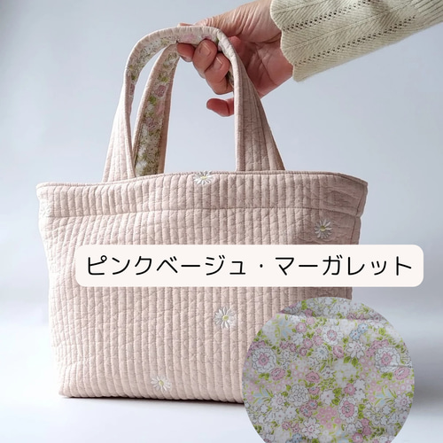 プチトートバッグ 韓国ヌビキルト ピンク マーガレット刺繍 サブバッグ