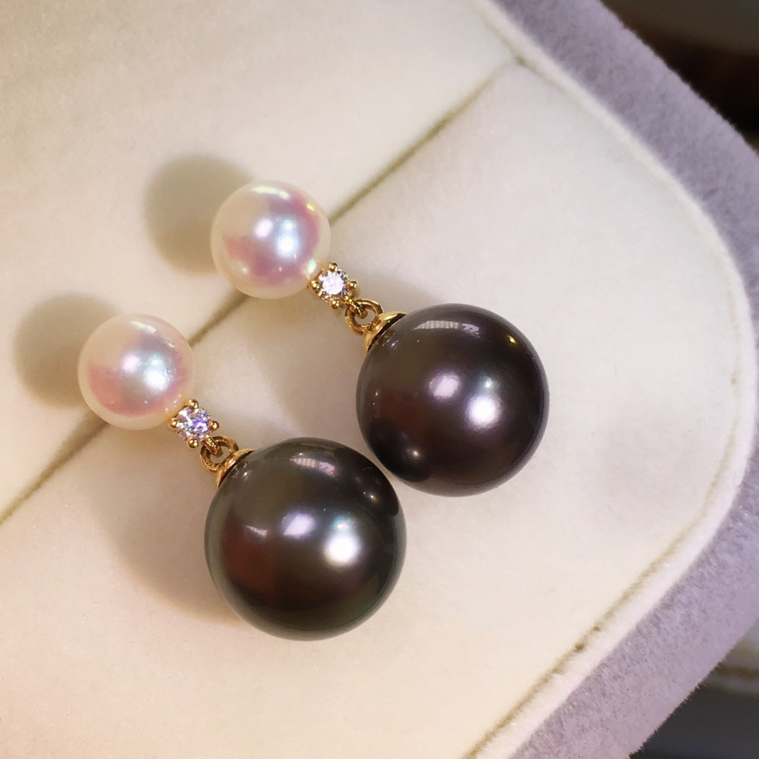 【高級】あこや真珠&黒蝶真珠　ピアスk18