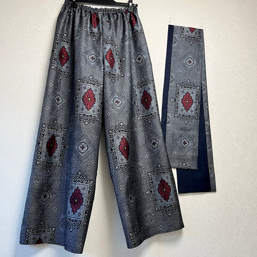 大島紬＊花紋ワイドパンツ＋ストール＊裏地付き＊着物リメイク