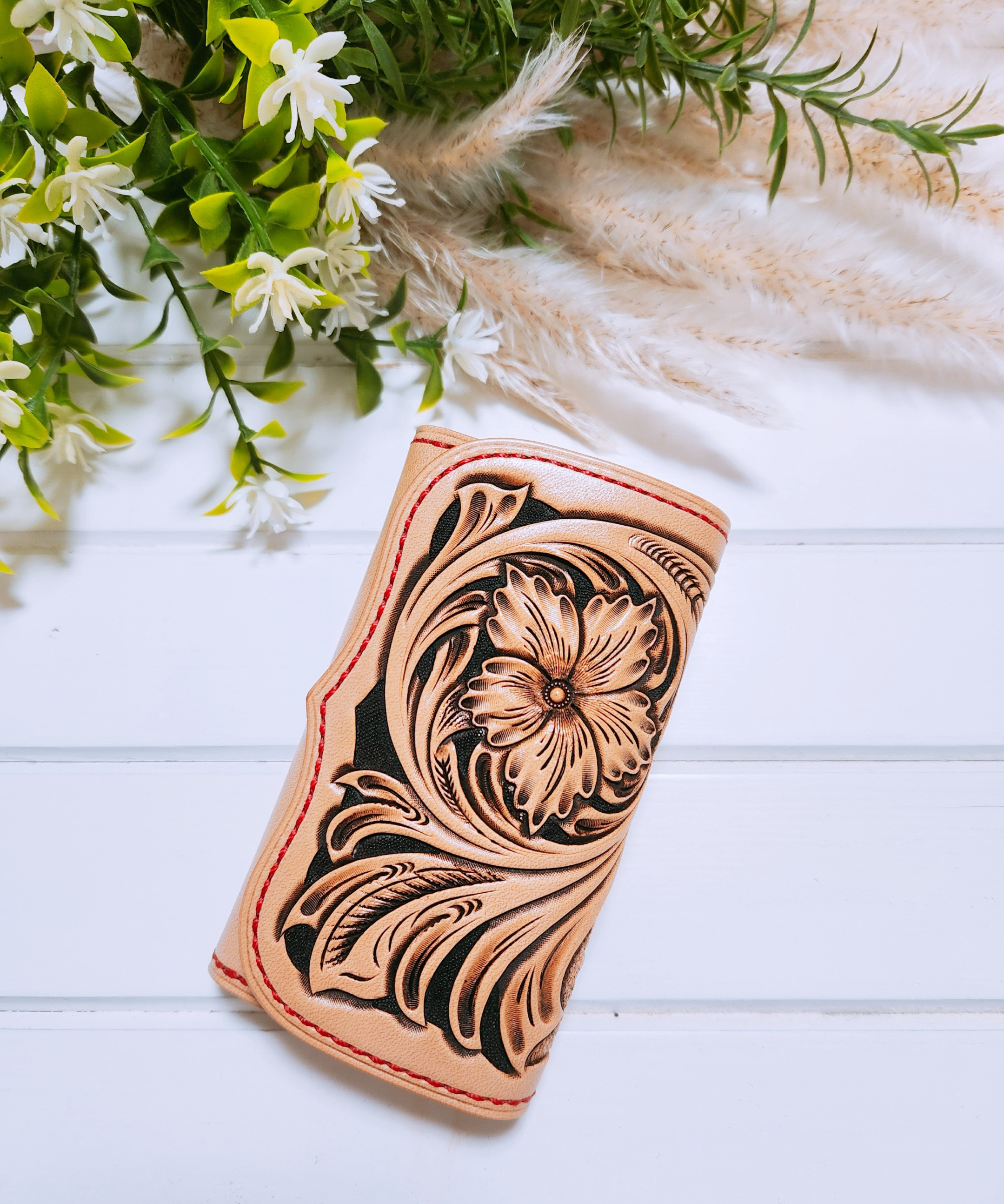 キーケース 1(フラワーカービング&バスケット,DB,赤ステッチ)