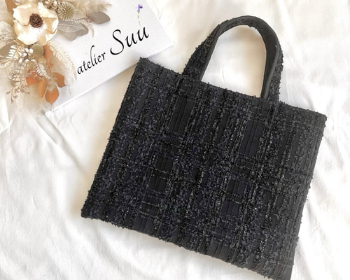 ツイード レッスンバッグ ブラック ラメチェック柄 A4 サブバッグ