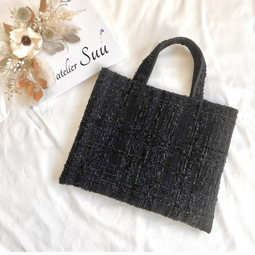 ツイード レッスンバッグ ブラック ラメチェック柄 A4 サブバッグ