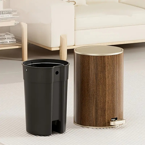 円形 ゴミ箱 蓋付き 9L 踏み込み式 プッシュ式 幅22cm 木目調