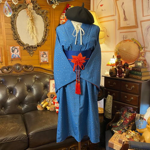 着物 ワンピース リメイク 和洋折衷 ブルーに繊細な桜の葉の模様