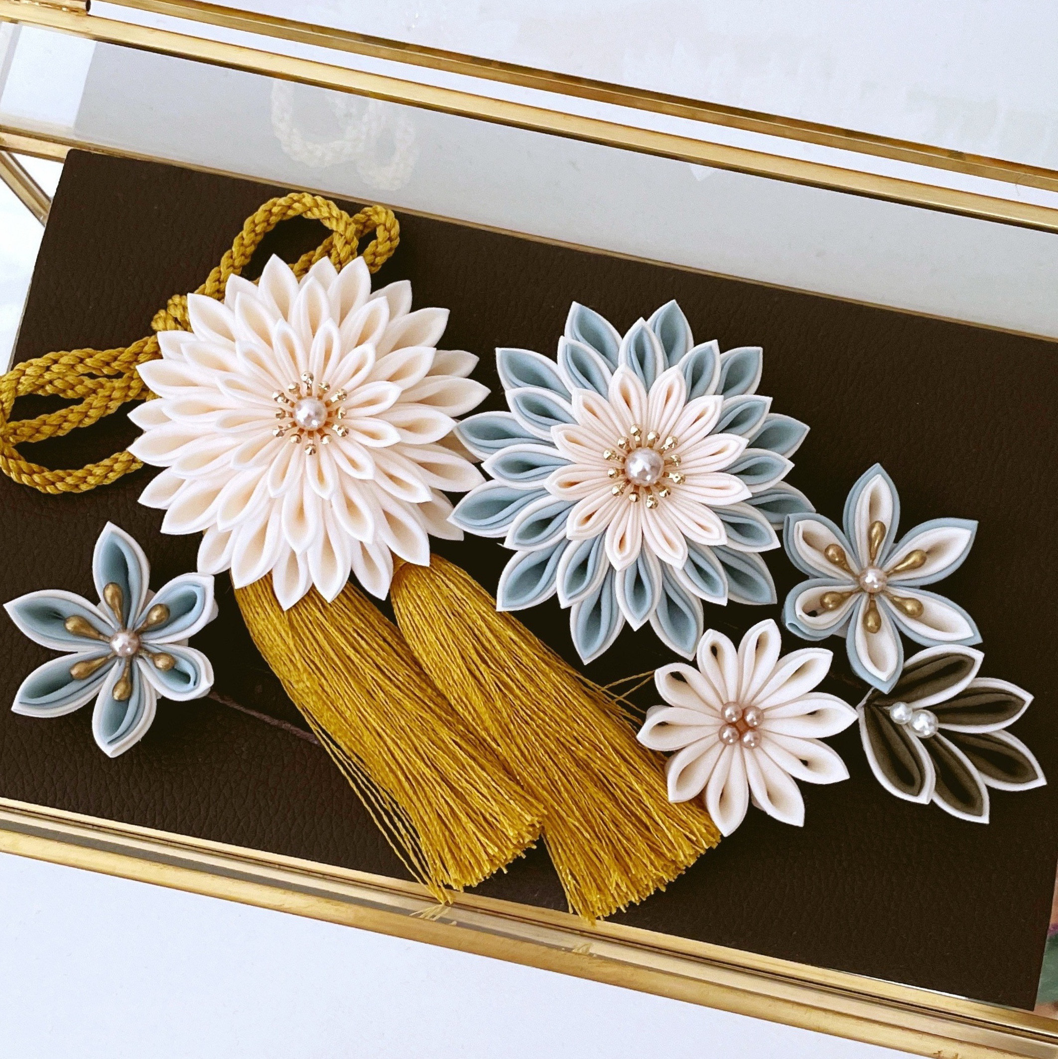 つまみ細工髪飾り7点セット✴︎ミントブルー、緑系　成人式　卒業式　七五三　結婚式