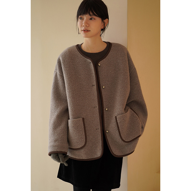 ウール混紡ジャケット　裏には中綿付き暖かいジャケット　色違い縁取り　コーヒー　S-XL#634