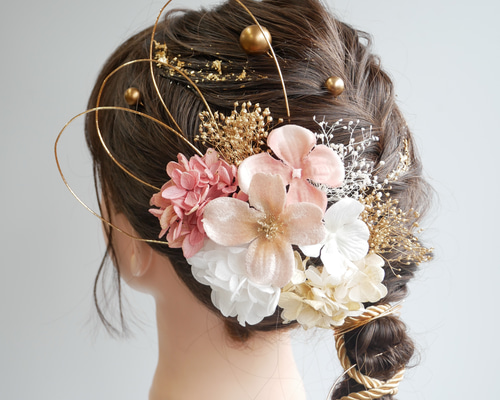 A211 ピンク 髪飾り 成人式 卒業式 前撮り 結婚式 水引 ヘッドドレス
