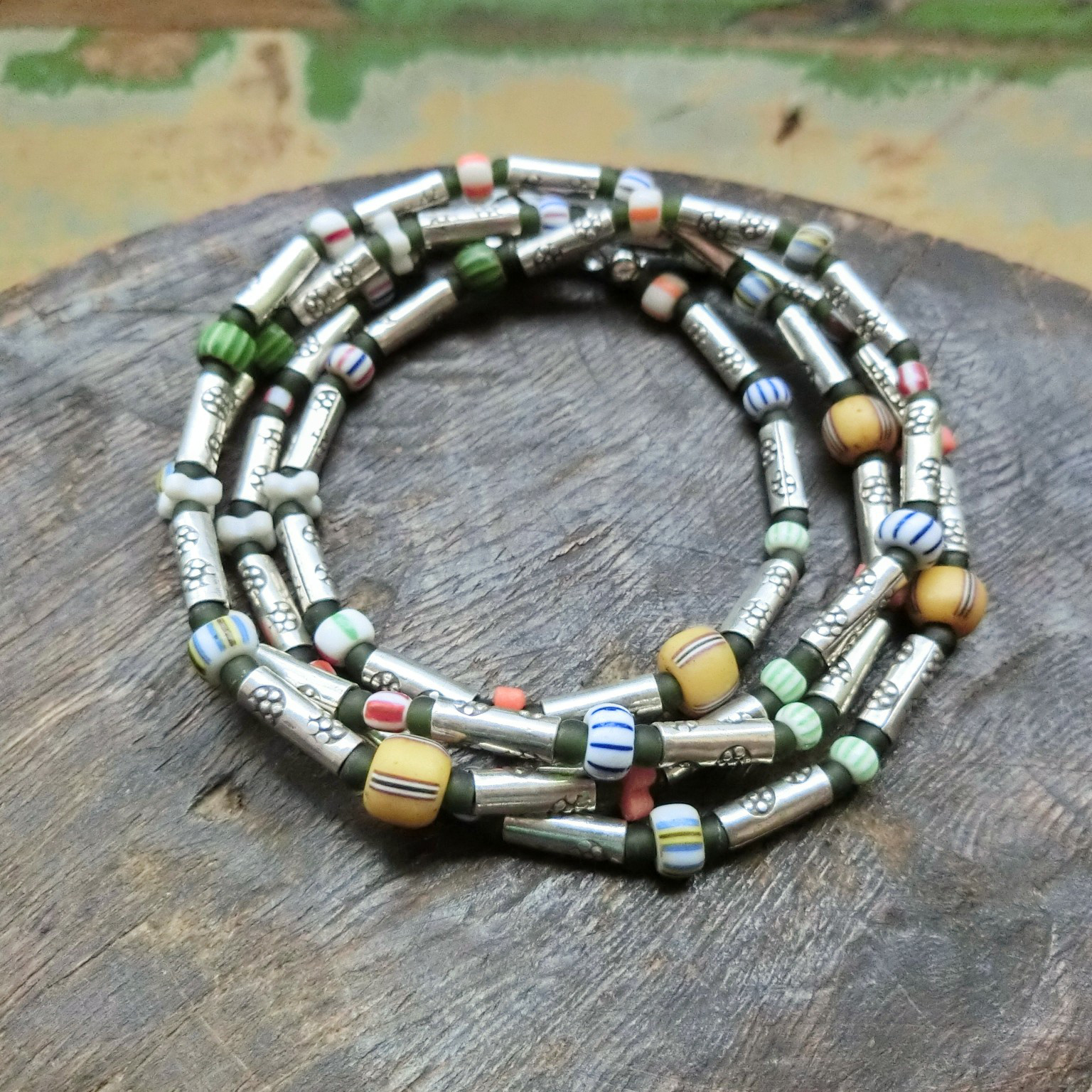 *2way*アンティークビーズとカレンシルバーのロングネックレス／ブレスレット