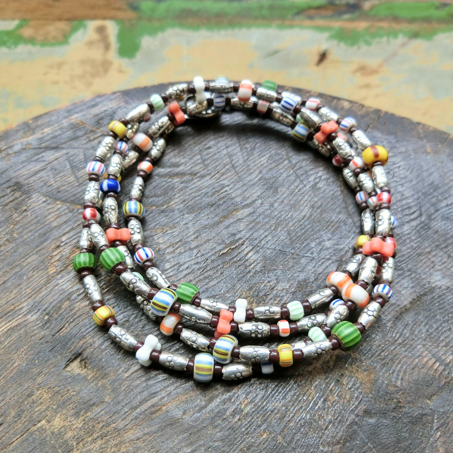 *2way*アンティークビーズとカレンシルバーのロングネックレス／ブレスレット