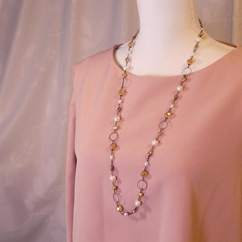 天然石ネックレス「シャンパーニュ」 シャンパンクォーツ 淡水パール