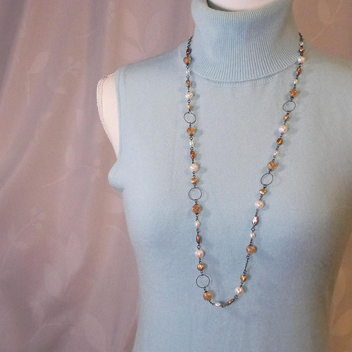 天然石ネックレス「シャンパーニュ」 シャンパンクォーツ 淡水パール