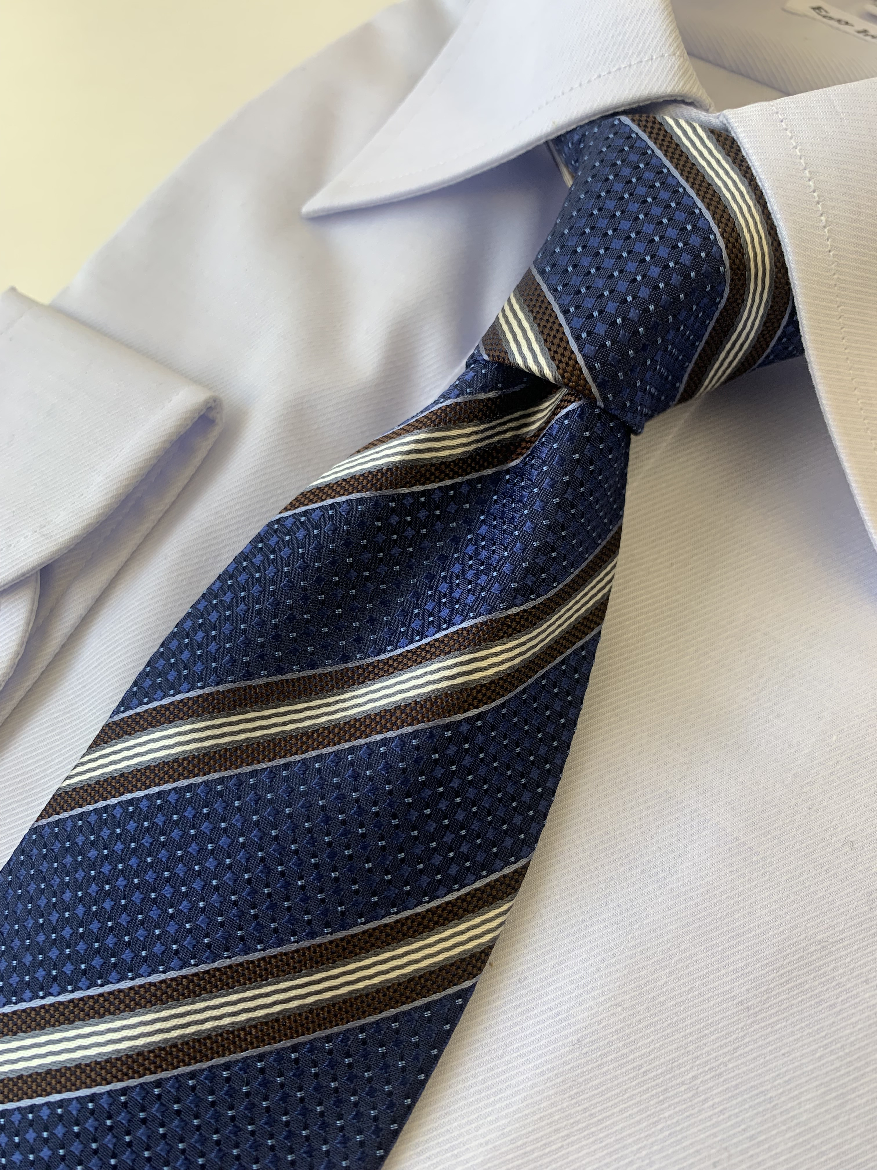 ネクタイ　シルク　ブロックピンドットストライプ　ネイビー