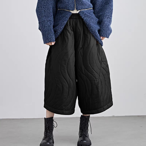 軽い着用感で暖かさをプラス☆キルティングワイドパンツ ブラック