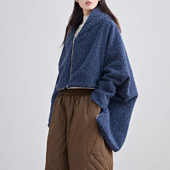 好みの着方が出来るウエストファスナー仕様☆シャギーパーカー ブラック 10枚目の画像