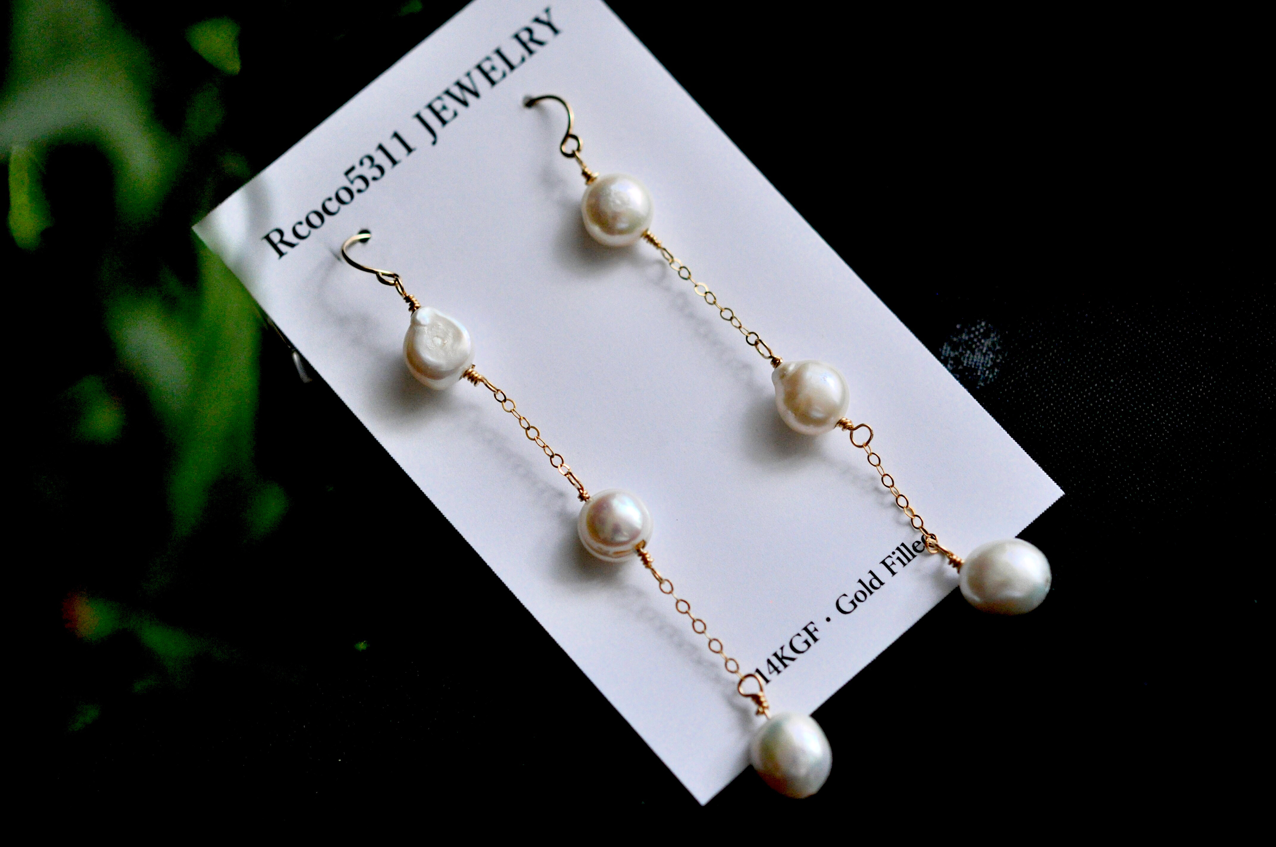 14Kゴールドフィルド　淡水真珠ピアス　 ロングパールピアス　3連　14KGFピアス