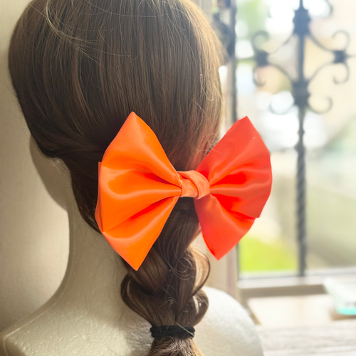 サテン ビッグリボン オレンジ バレッタ クリップ ポニーフック