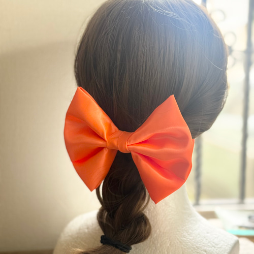 サテン ビッグリボン オレンジ バレッタ クリップ ポニーフック