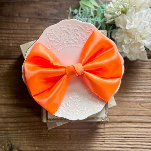 サテン ビッグリボン オレンジ バレッタ クリップ ポニーフック