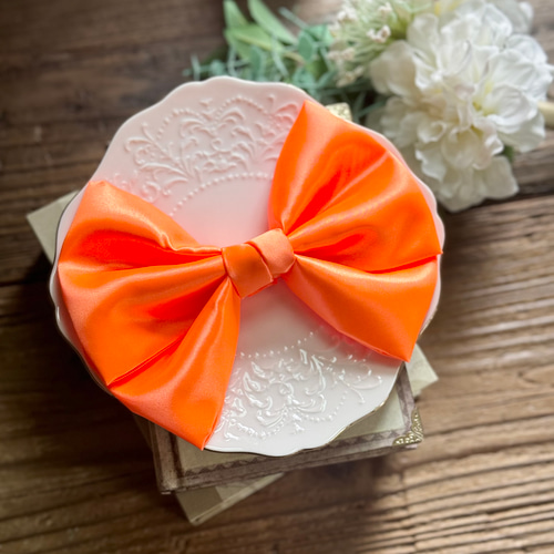 サテン ビッグリボン オレンジ バレッタ クリップ ポニーフック
