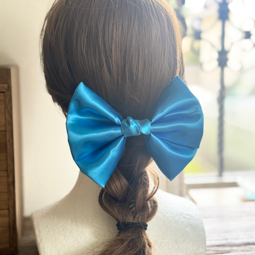 サテン ビッグリボン 水色 バレッタ クリップ ポニーフック ヘアゴム