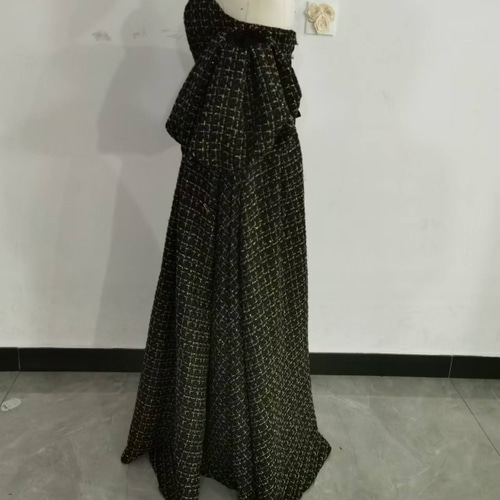 カラードレス ブラック ゴールド ツイードドレス ベアトップ  