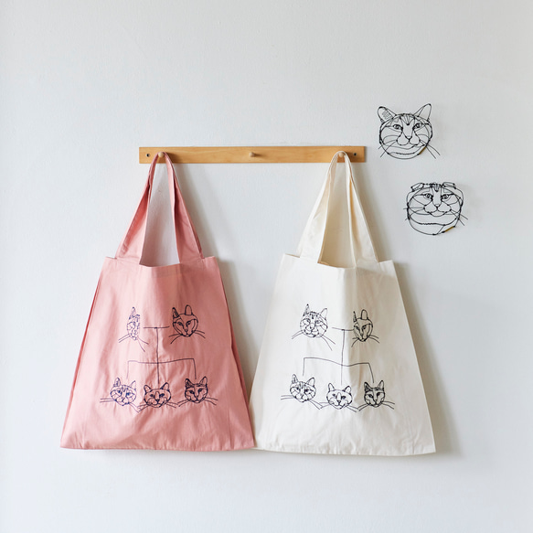 ＋HAyU fabric -Twin Tote bags- トートバッグ ～ニャンコ家系図～ 1枚目の画像