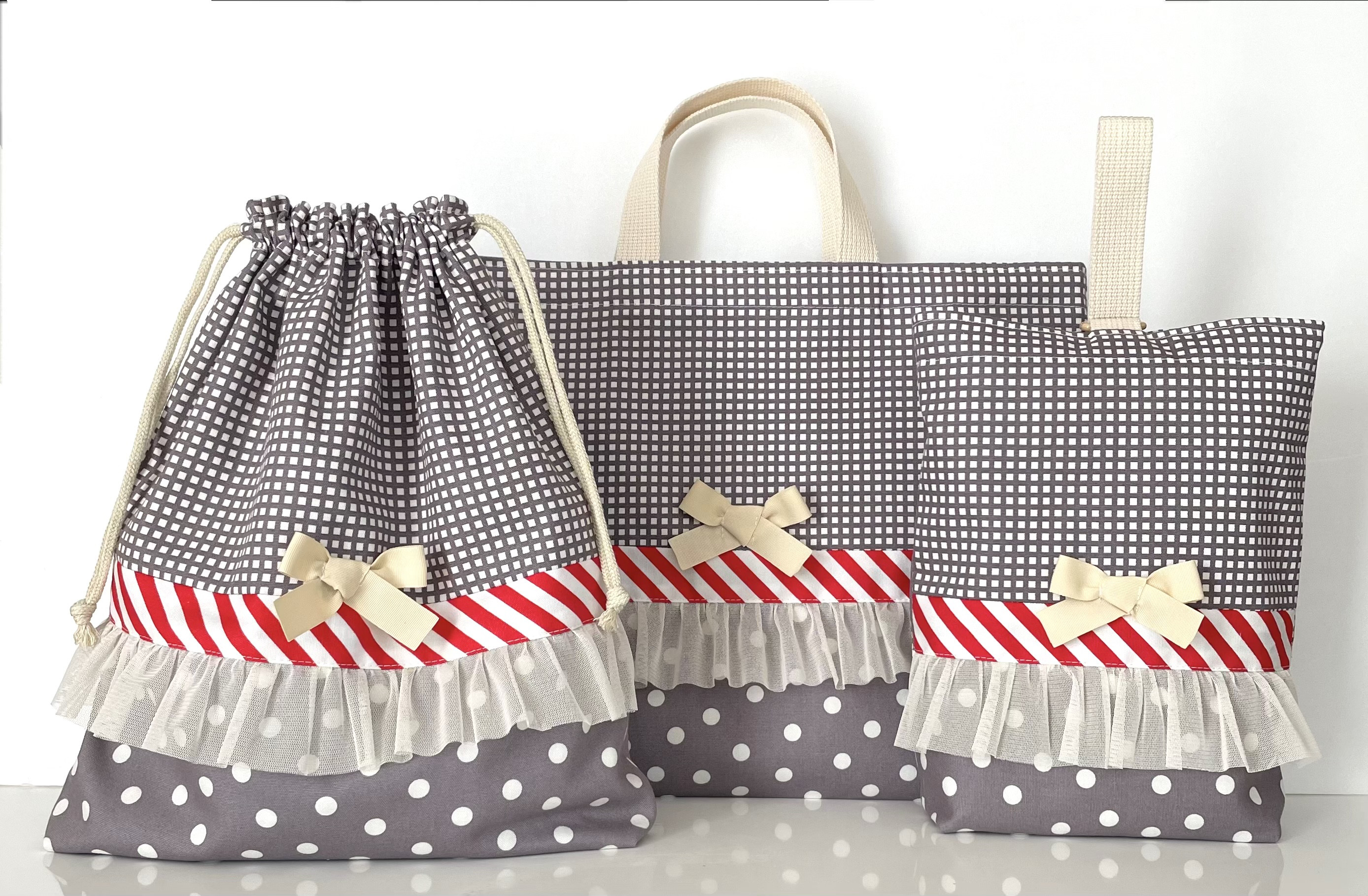 ニュアンスチェック　グレー ☆3点セットサイズ選べる　上品　オーダーOK 受注製作　マチ付き　キルティング対応　フリル