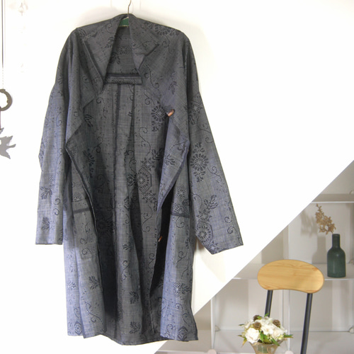 大島紬 菊唐草のライトコート＊ストール付き 着物リメイク