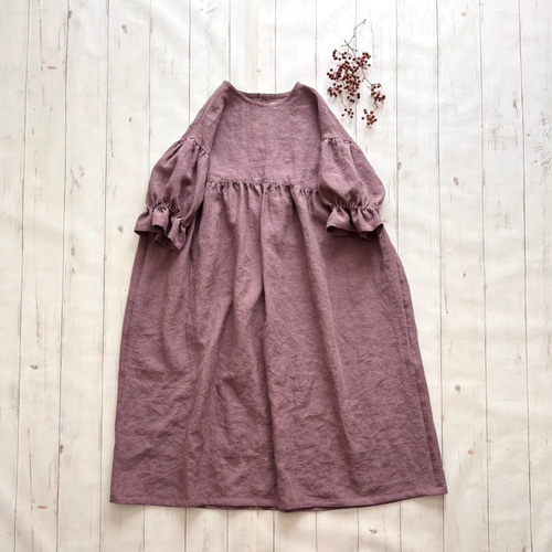 ハンドメイド　森のおさんぽ七分袖 ワンピース 森のおさんぽワンピース七分袖 *beige×charcoal gray 受注制作