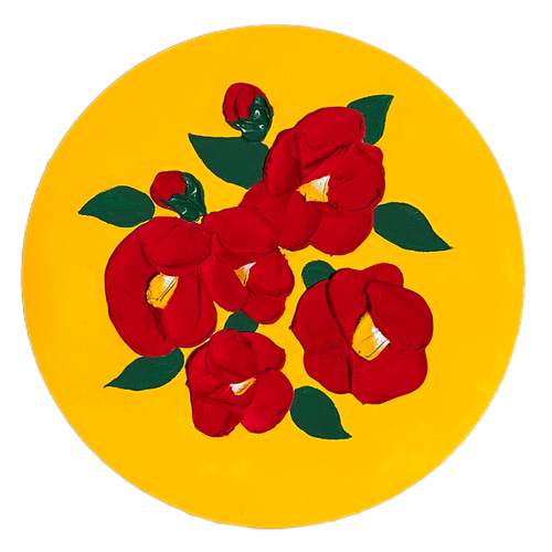 テクスチャーアート アクリル画 椿 冬 花 イエロー レッド 赤 黄色