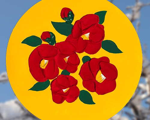 テクスチャーアート アクリル画 椿 冬 花 イエロー レッド 赤 黄色