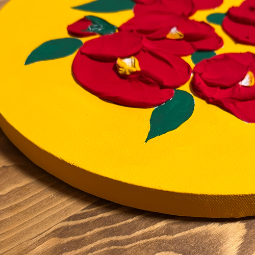 テクスチャーアート アクリル画 椿 冬 花 イエロー レッド 赤 黄色