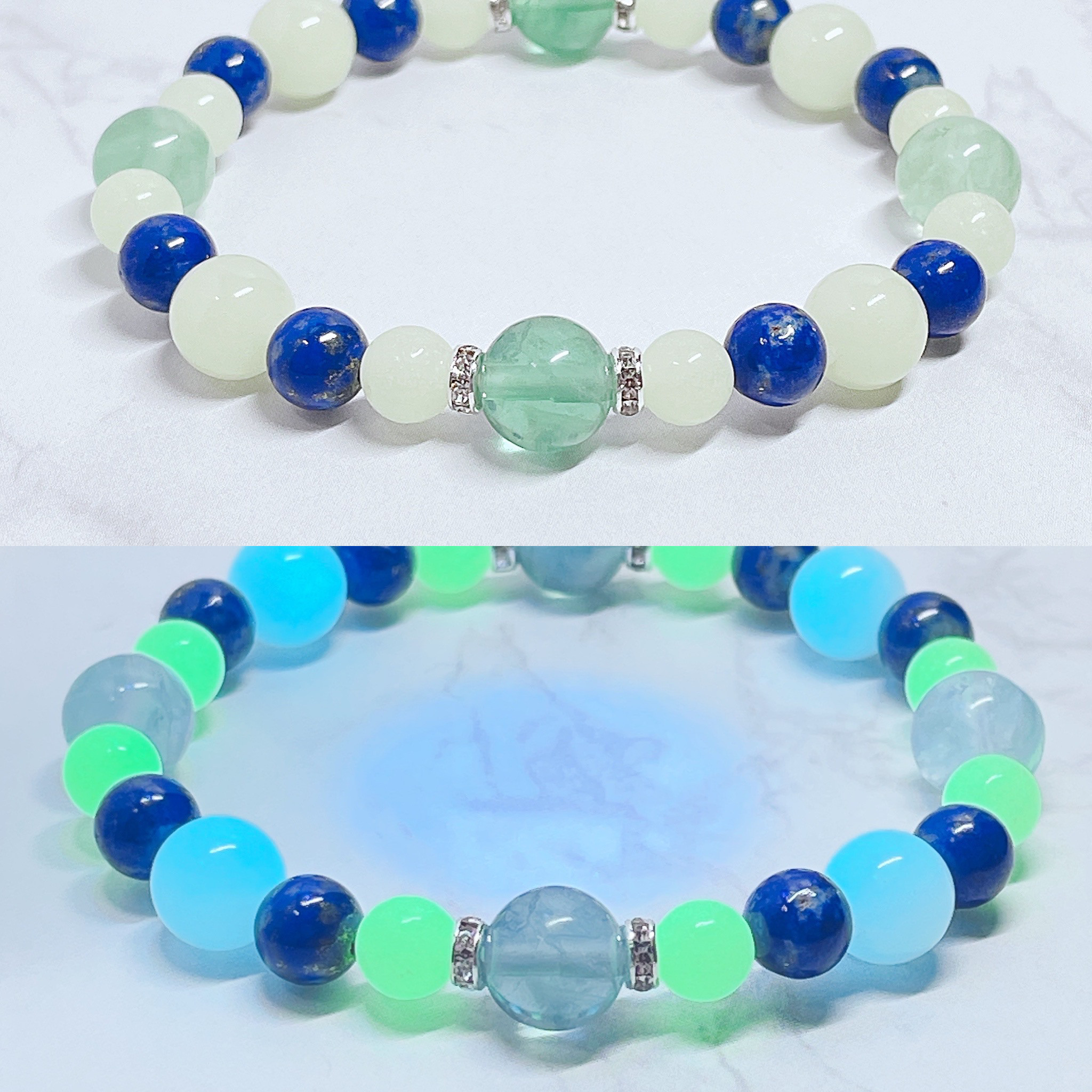 ✦光る石!?【成功を引き寄せる】ルミナスストーン フローライト ラピスラズリ 天然石ブレスレットNo769