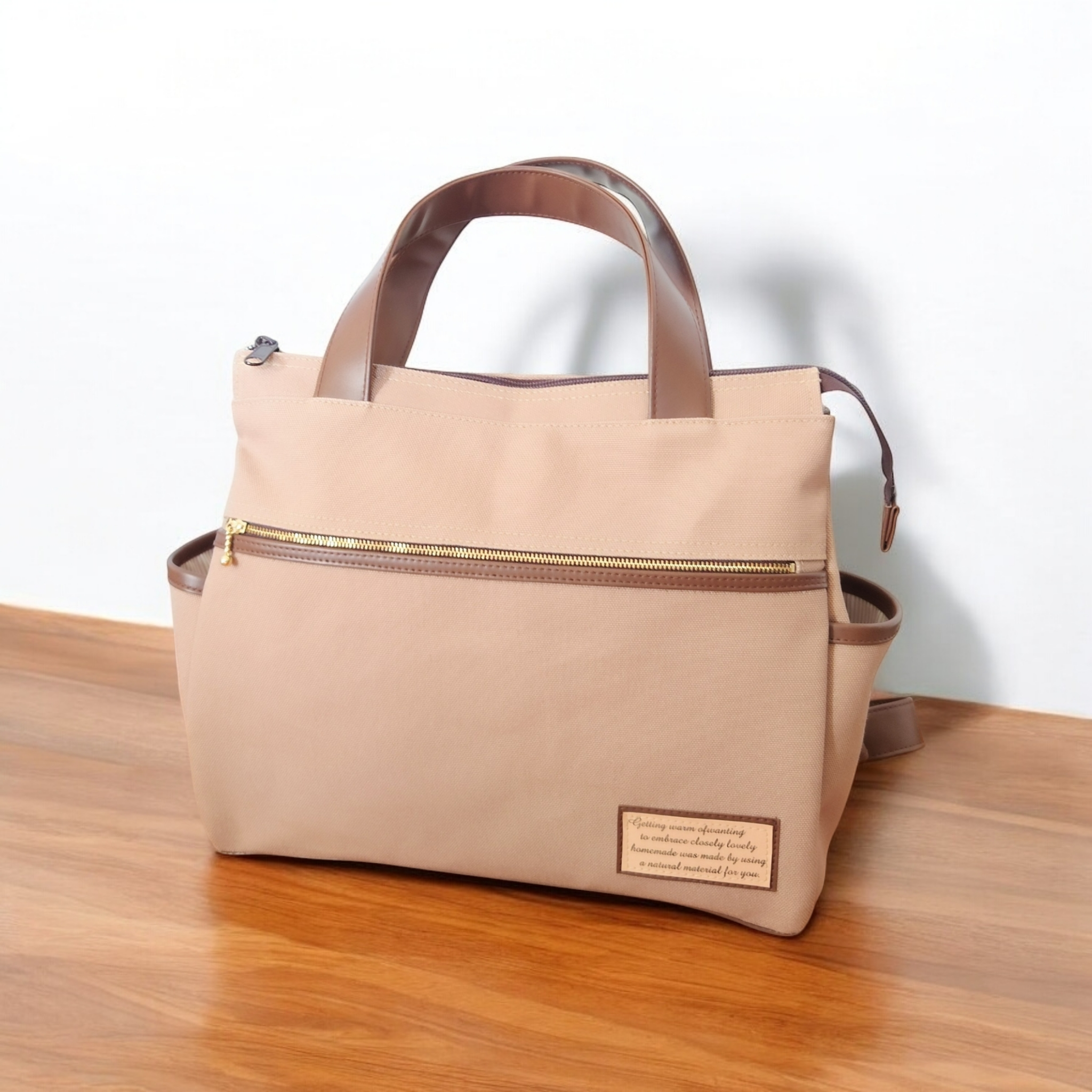 カフェオレ帆布と焦げ茶の合皮の四角いリュック3(横型）（3way）（受注製作)