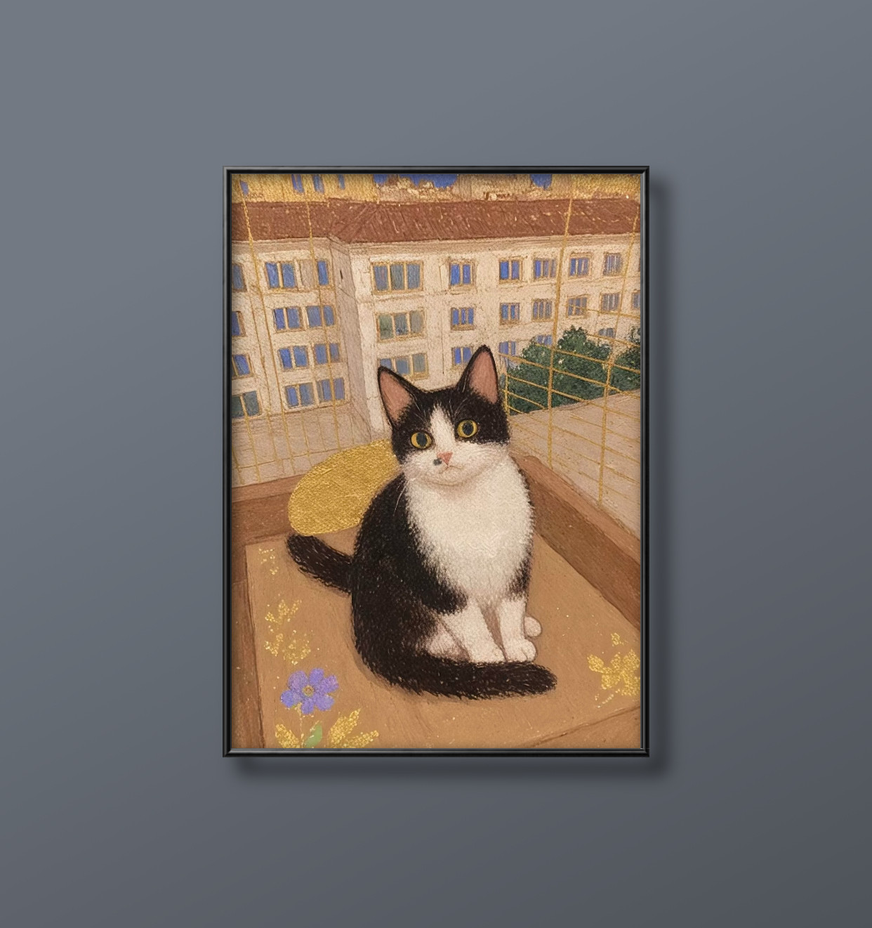 風景画 黒猫と庭のアート 猫のいる街」原画 黒猫×夜空 青 ターコイズ 絵画 キャンバス